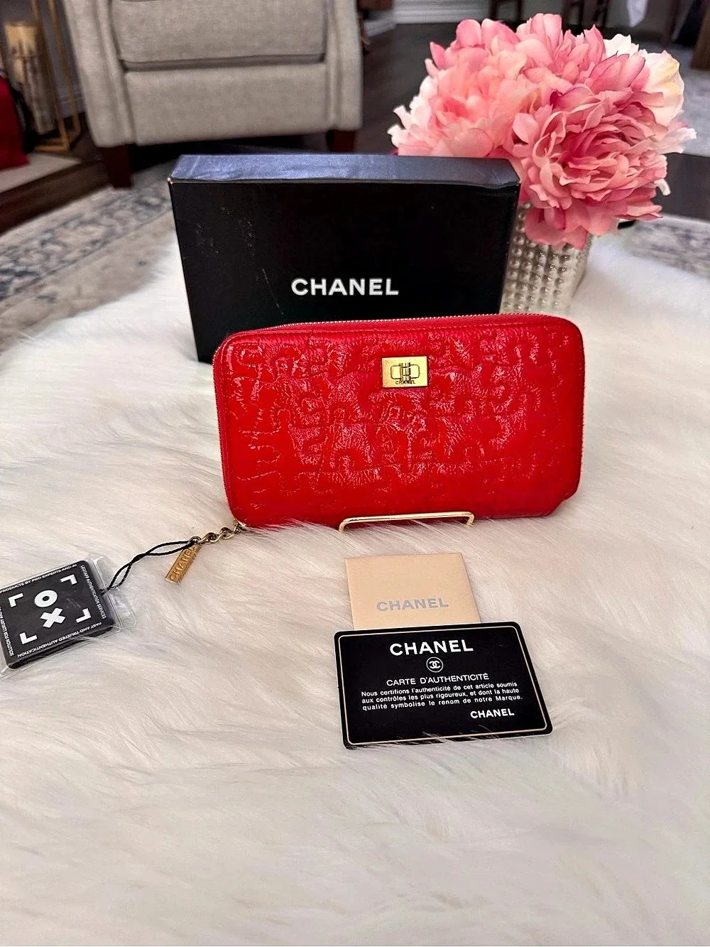 Chanel Red Puzzle Patent Leather Long Zip Around Wallet with Gold-Tone Hardware